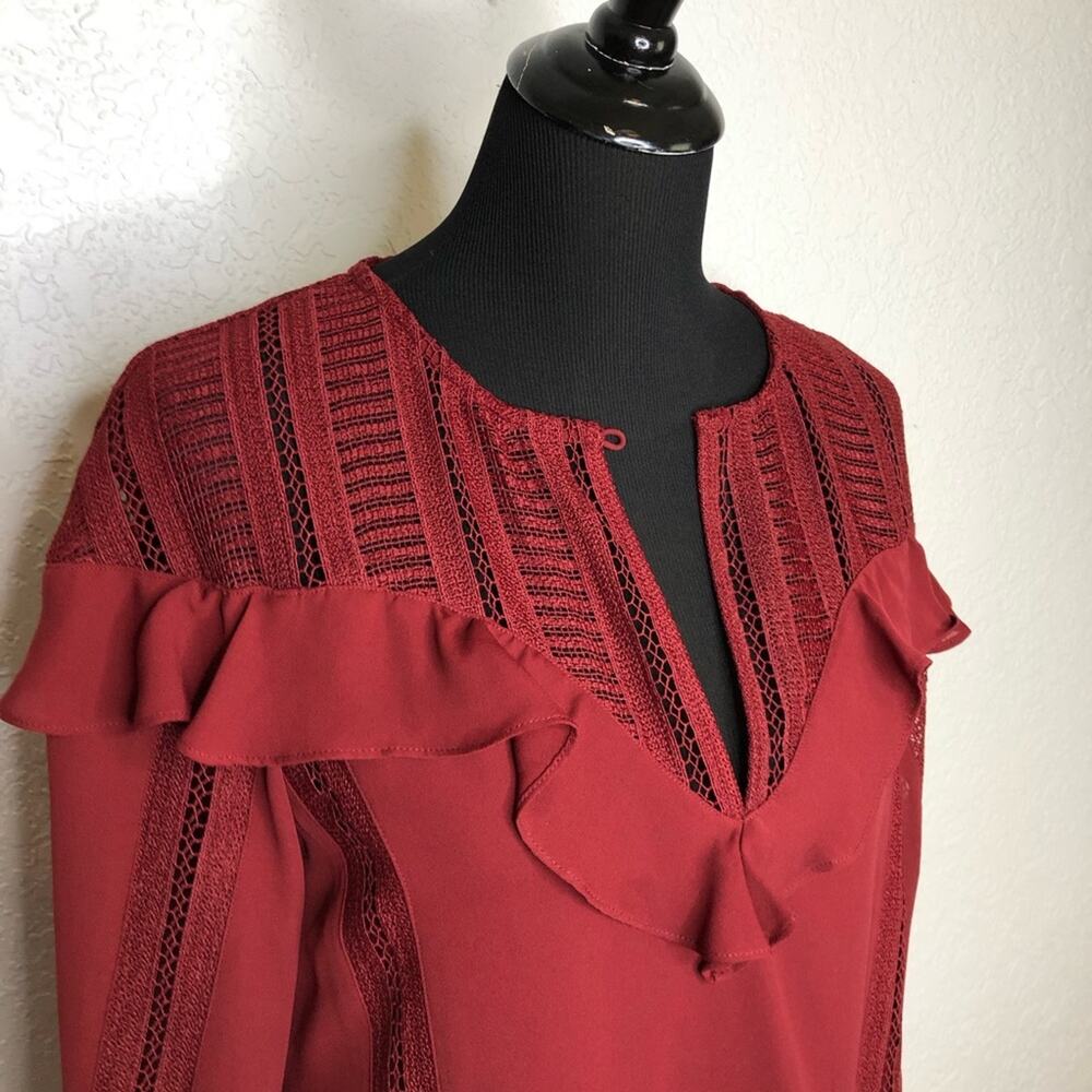 Rebecca Minkoff dark red lace ruffle trim tie sleeve top size Large feminine - Picture 2 of 16